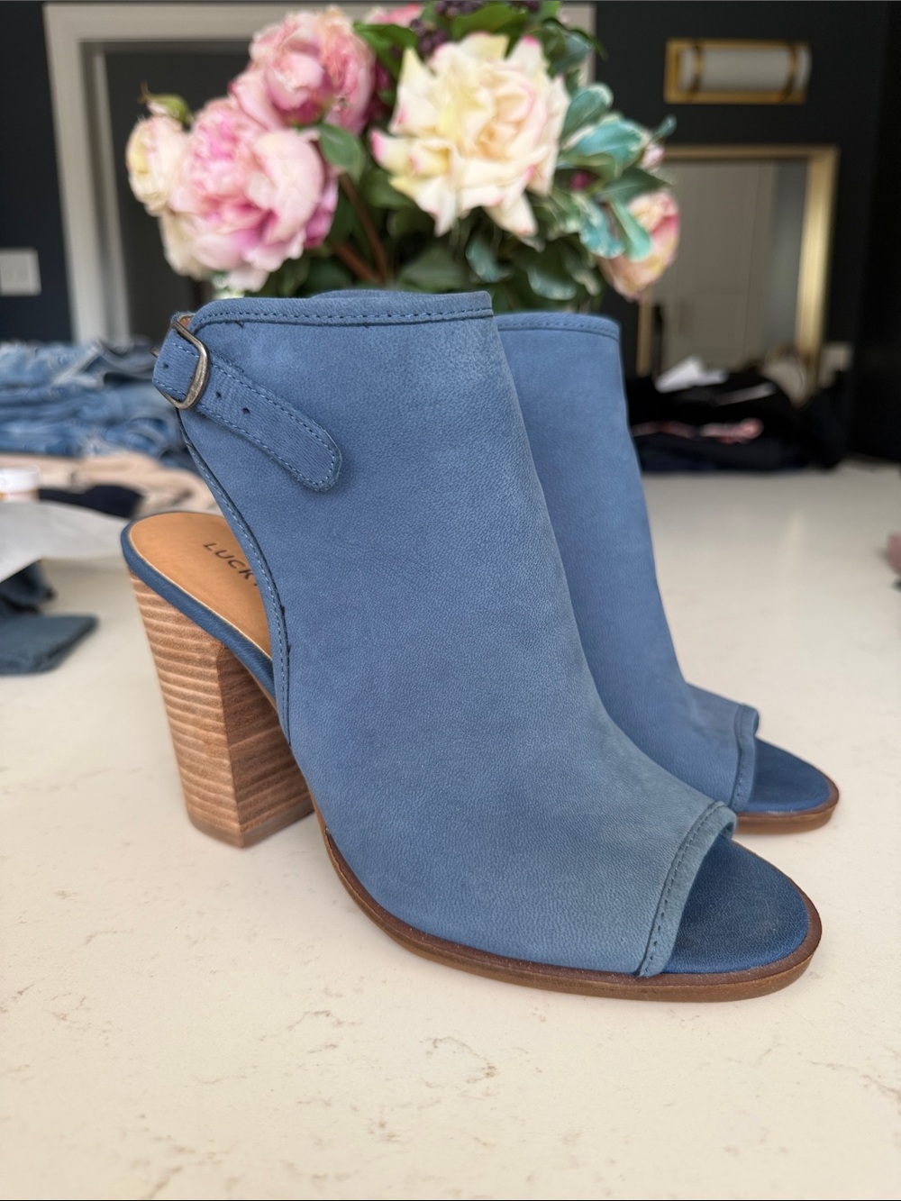 Lucky Brand Dusty Blue Suede Open-Toe Block Heel Mules